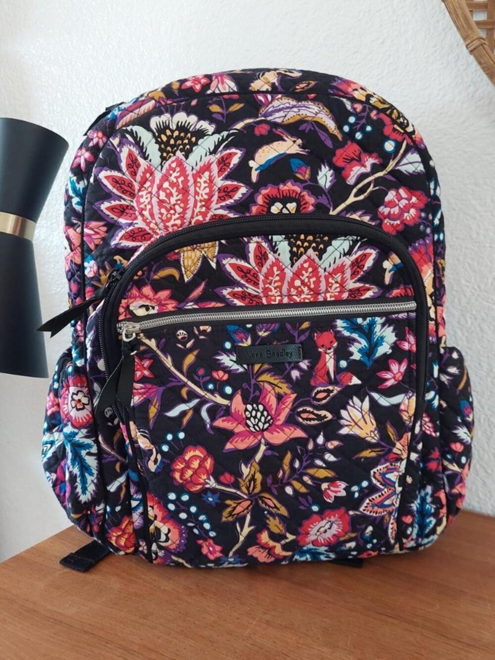 vera bradley foxwood floral backpack with pink, red, and blue flowers and birds